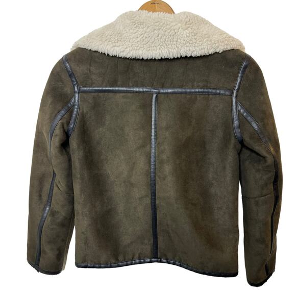 H&M Sherpa Fuax Suede Moto BIker Jacket Olive Green Zip Up Womens 2 - Picture 5 of 9
